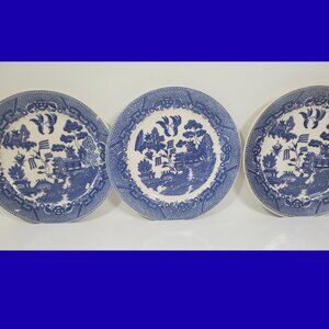 Antique Japanese Blue Willow Plates Set of 3 - 9.5” - Circa 1900–1920 - “JAPAN”